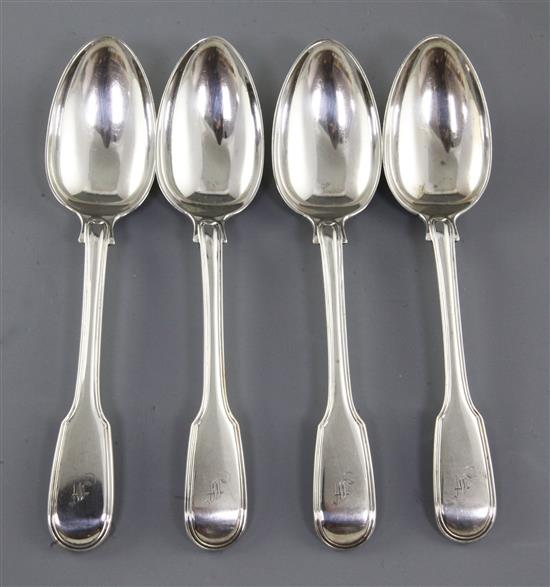 A set of four early Victorian silver fiddle and thread pattern dessert spoons, Length 175 mm, weight 8.8oz/275 grms